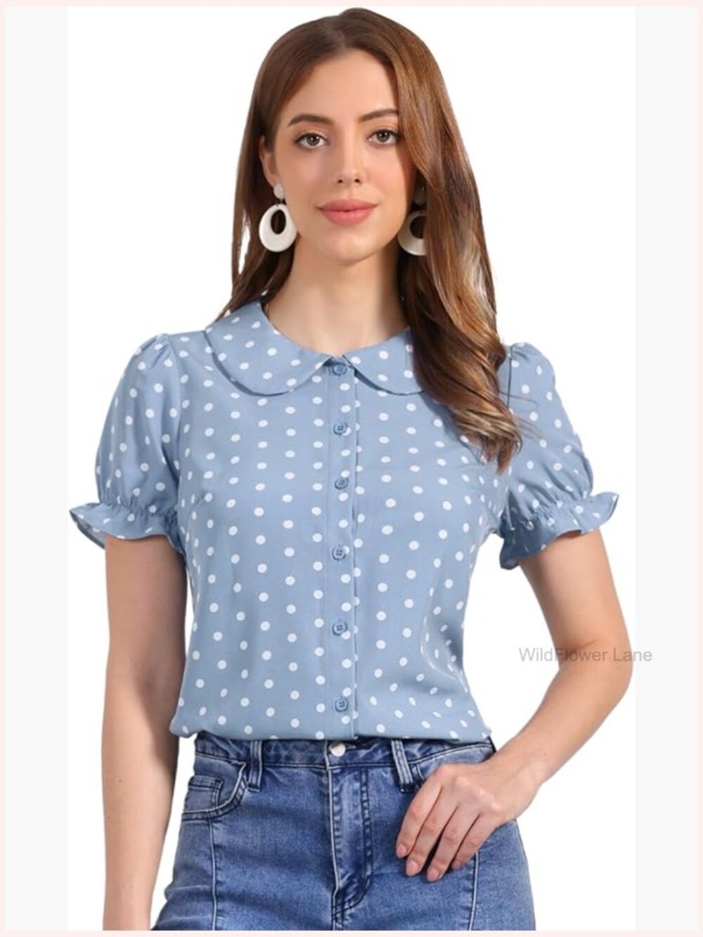Polka Dots Button Up Peter Pan Collar Puff Sleeve Blouse Top
